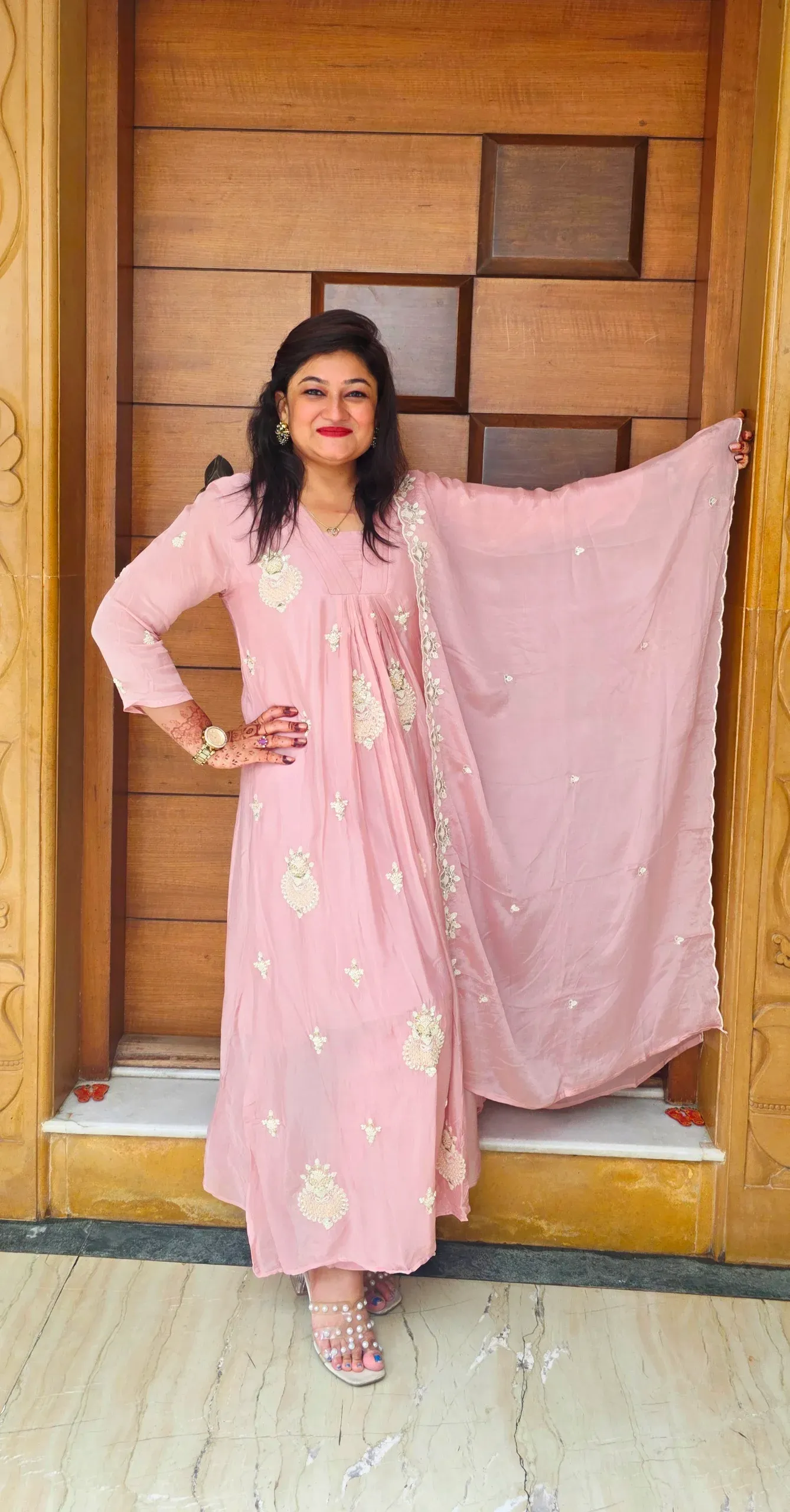 Light Pink A-line Dress with Pearl Work, photo 2