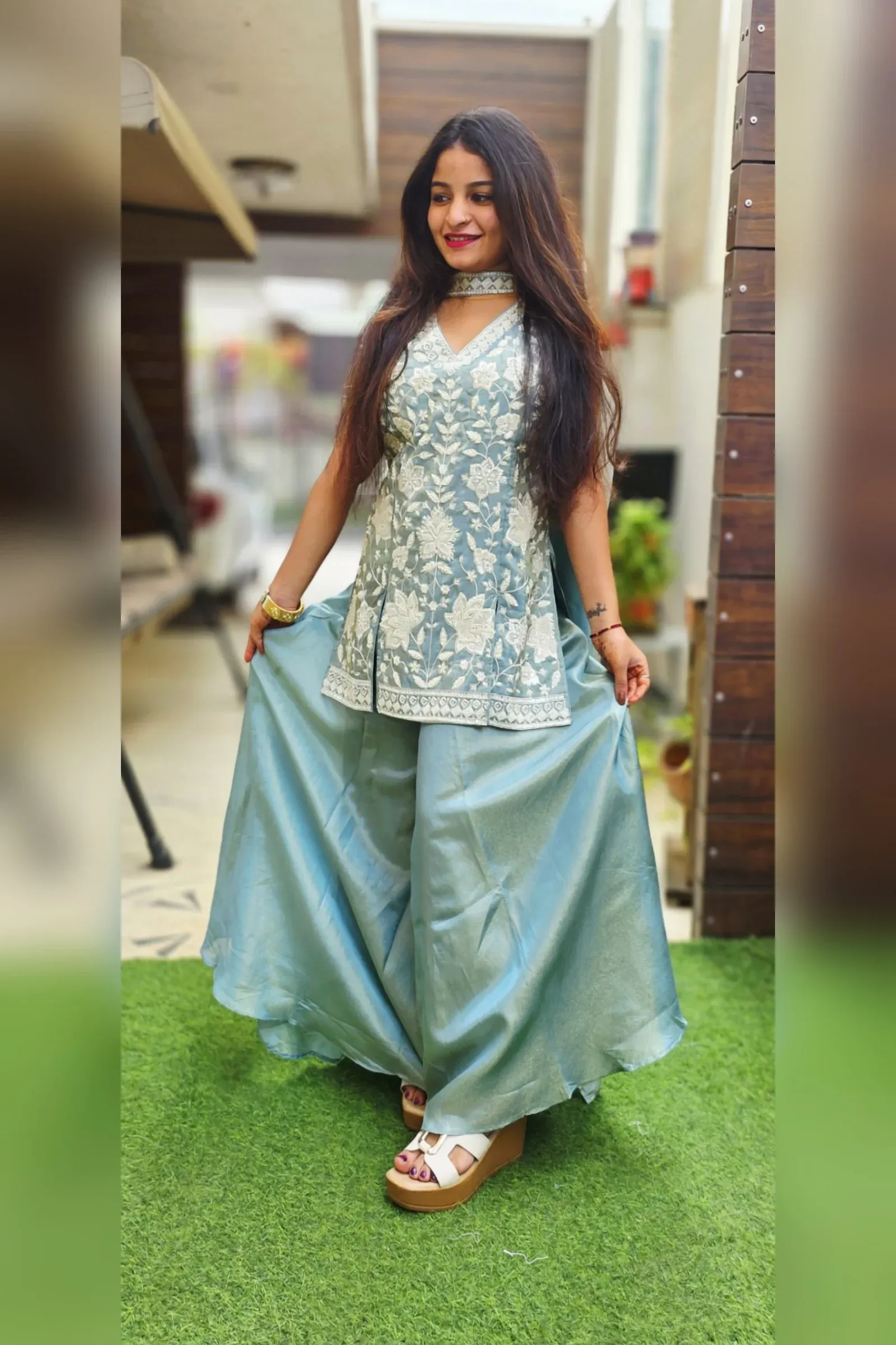 Sea Green Tissue Sharara with Ivory Embroidered Kurti