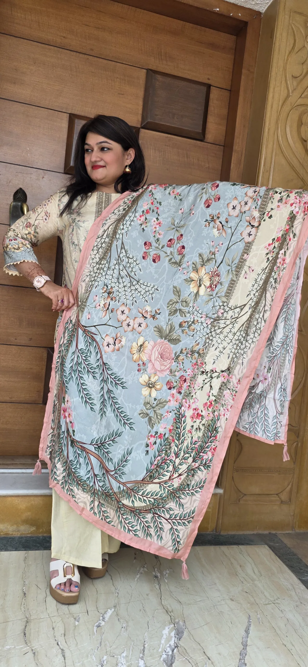 Beige Dress with Kalamkari Prints & Hand Embroidery