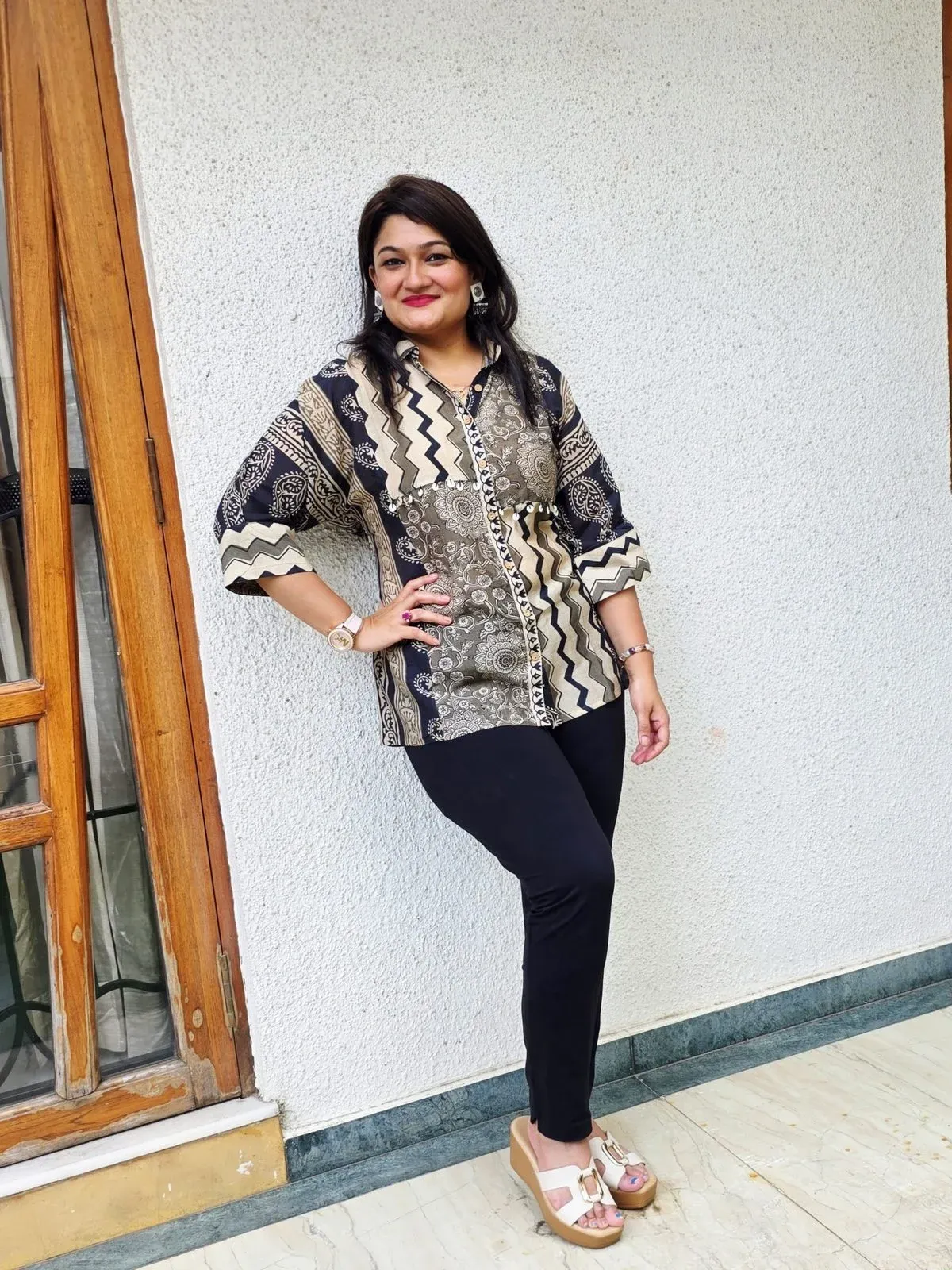 Black & Beige Printed Cotton Shirt, photo 3