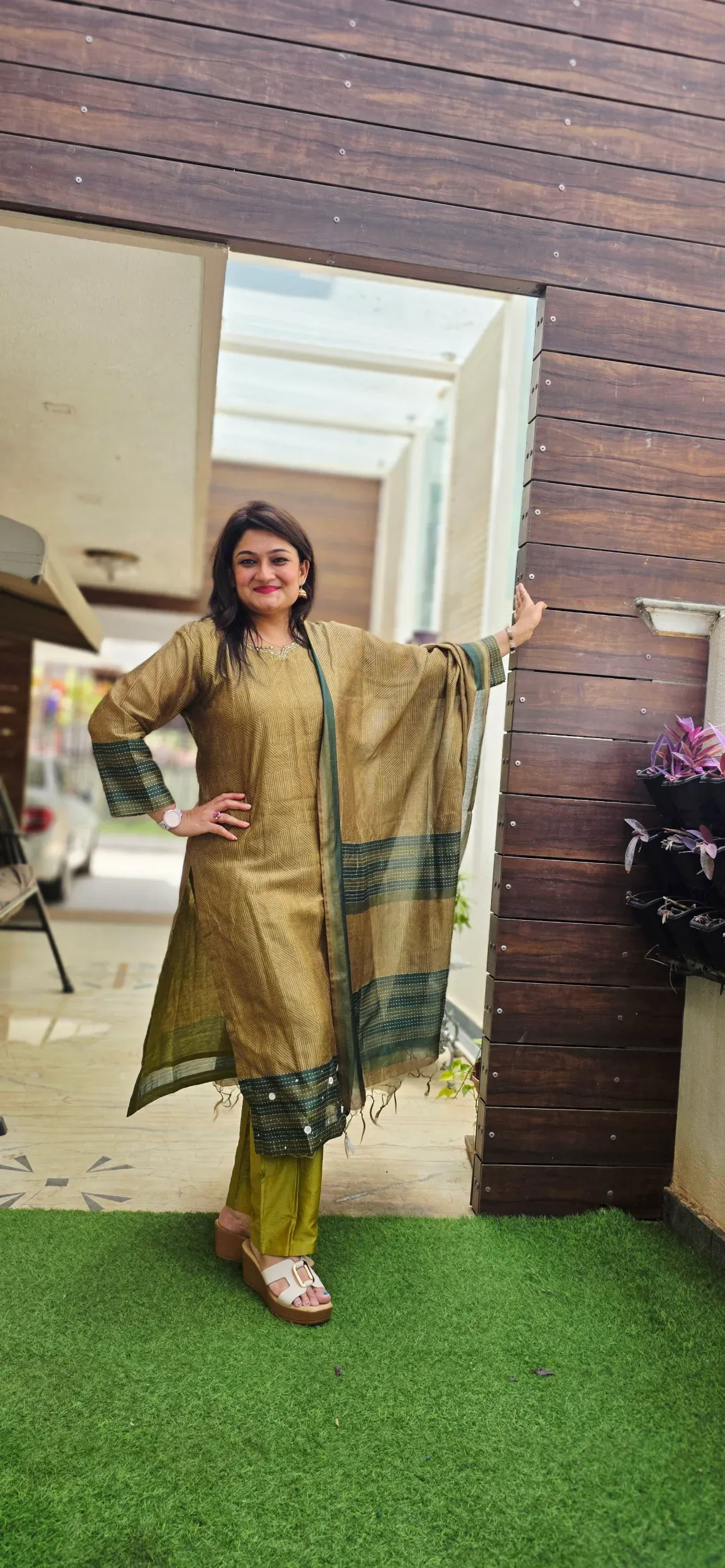 Mehendi Green Casual Dress with Kalamkari Dupatta, photo 4