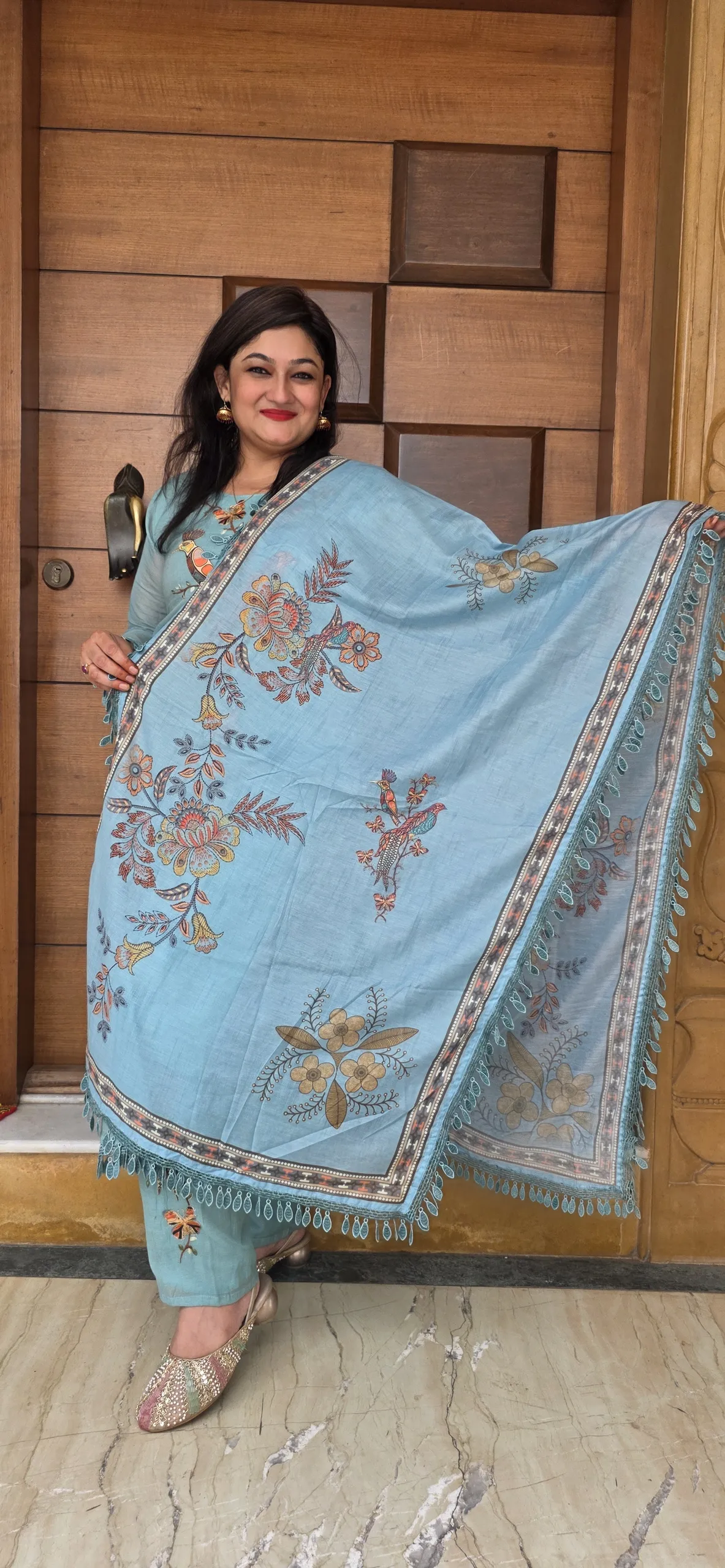 Blue Elegant Dress with Bird Details