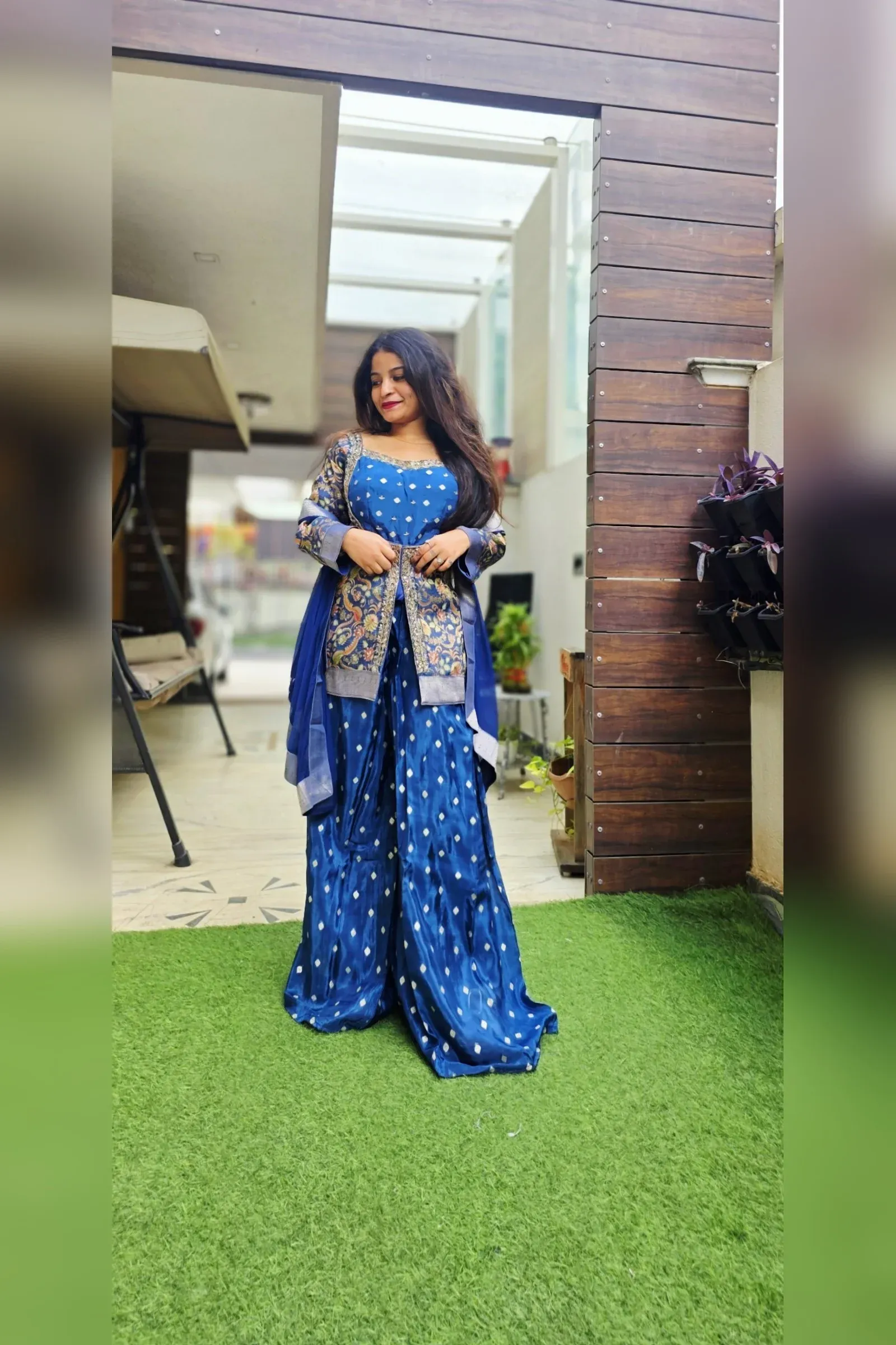 Blue Printed Sharara Set with Embroidered Jacket, photo 4