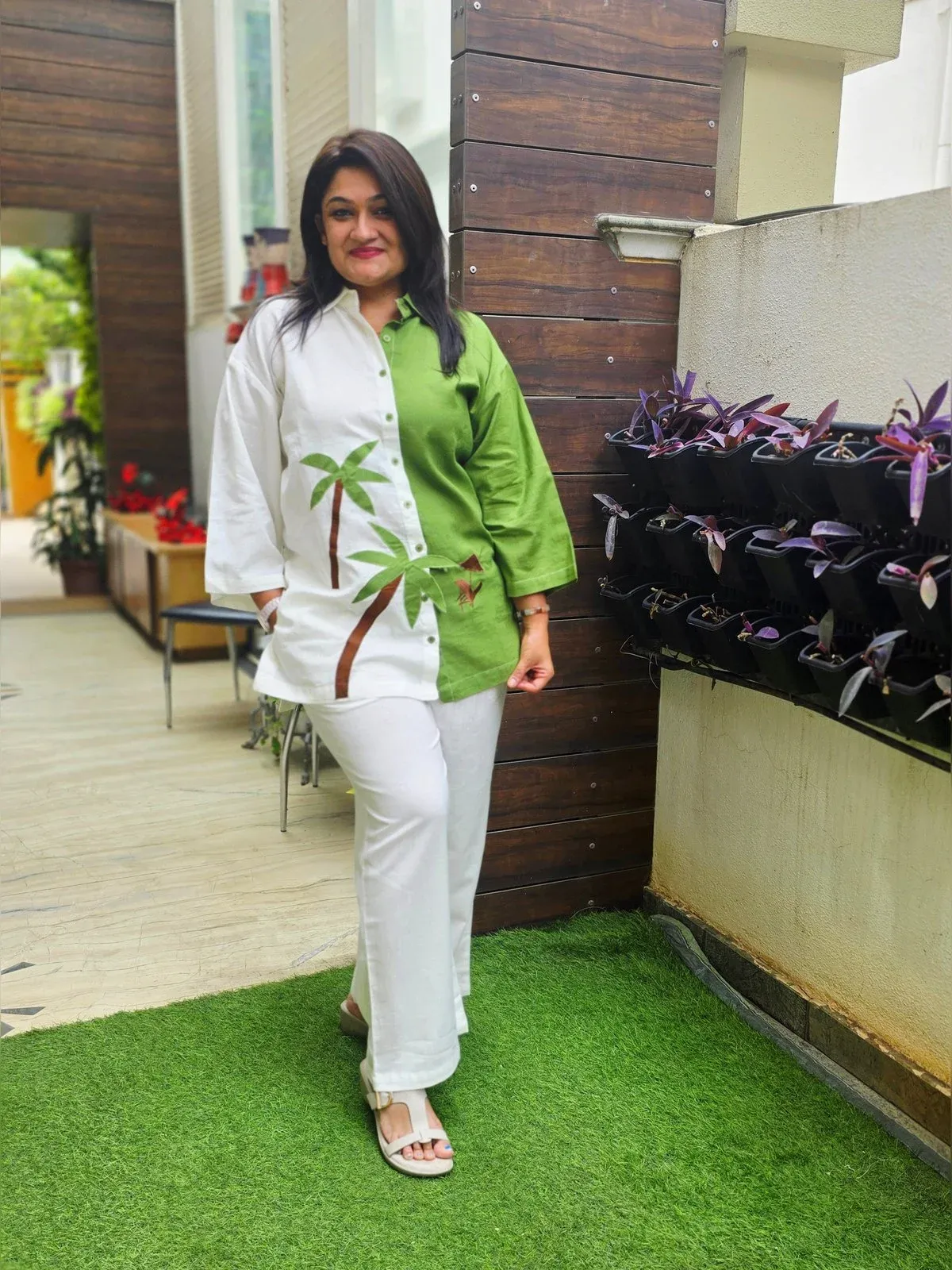 White & Green Cotton Co-ord Set