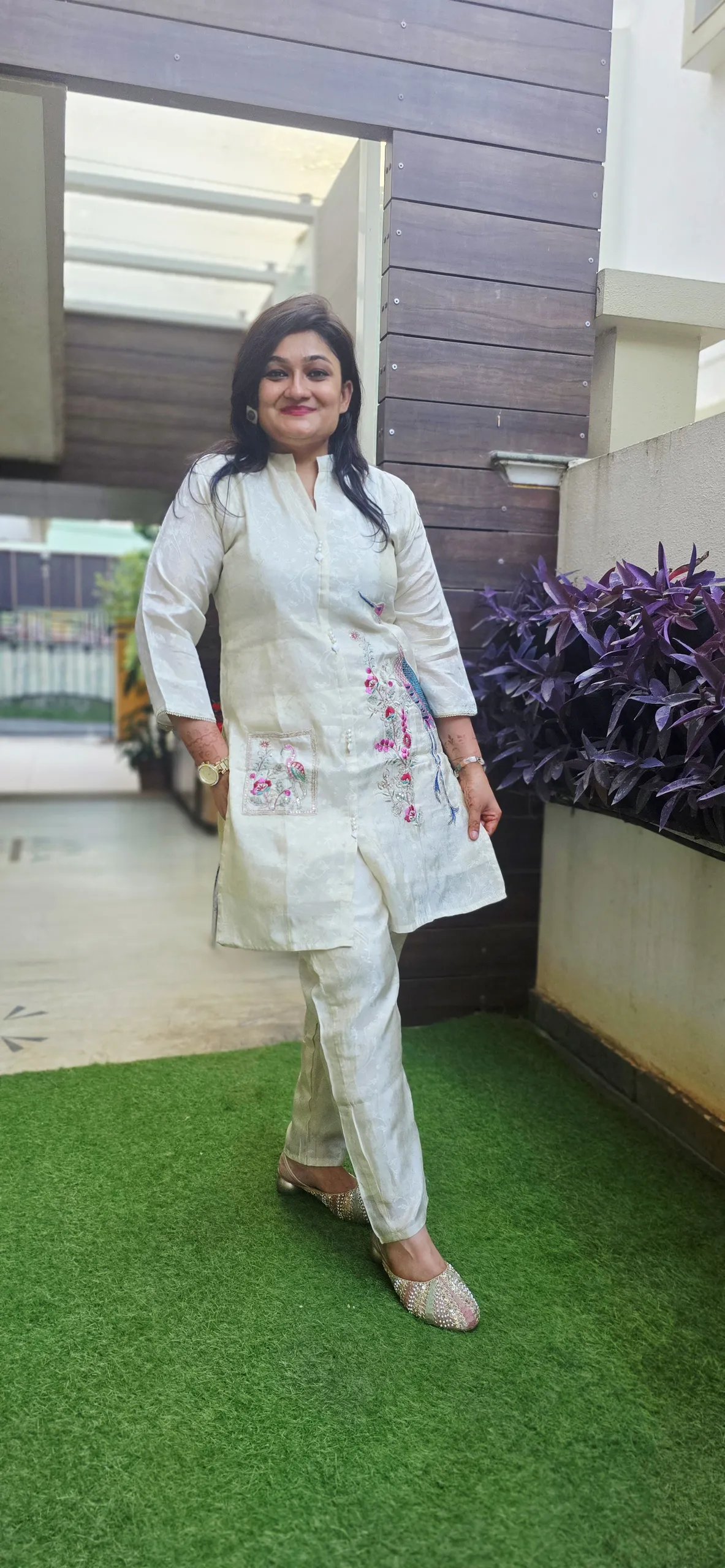 Cream Festive Co-ord Set with Elegant Peacock Design Work