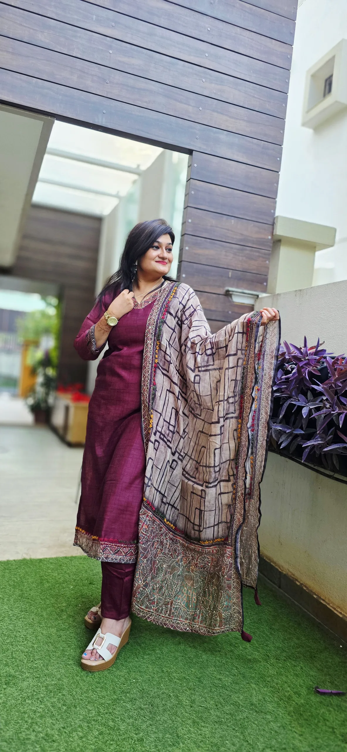 Wine Embroidered Dupatta Dress