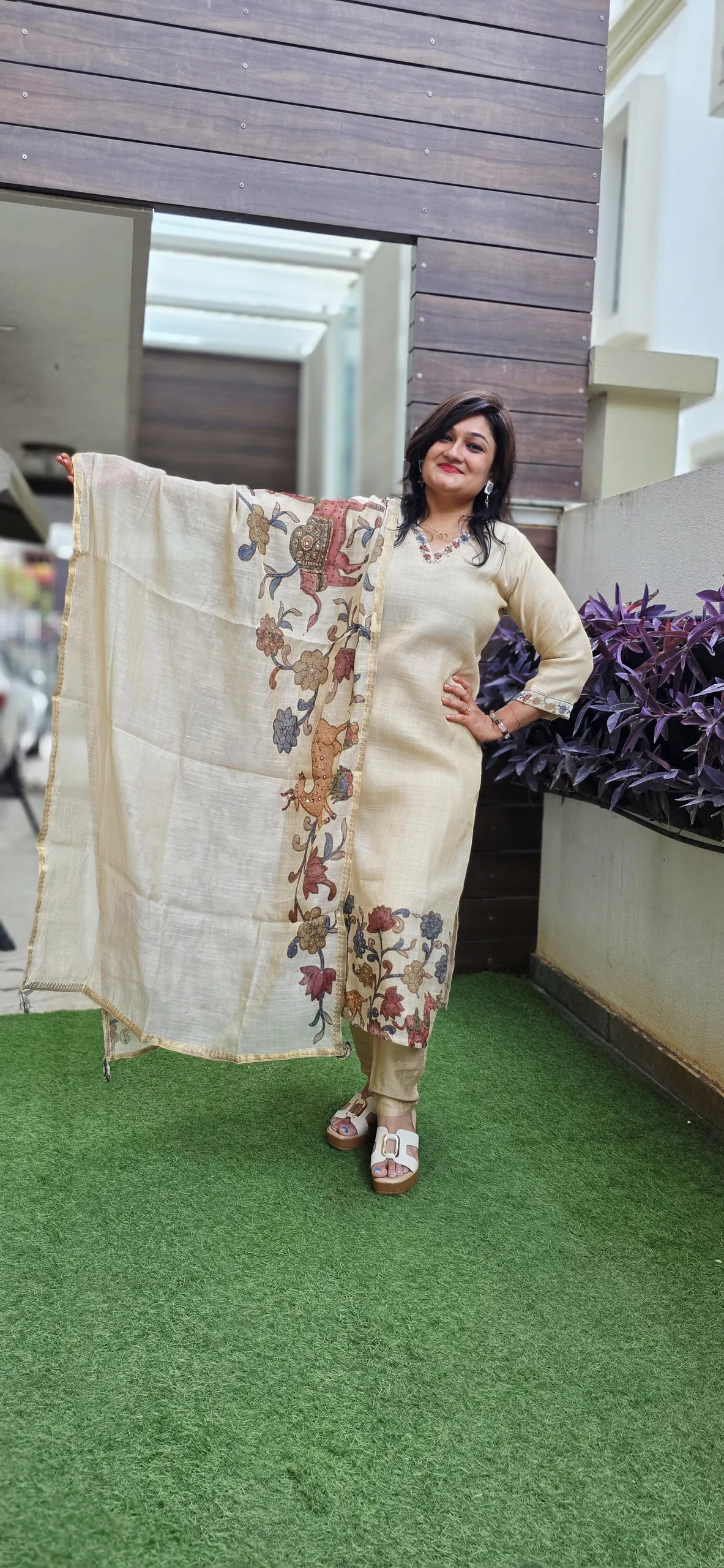 Beige Cotton Casual Dress with Kalamkari Dupatta, photo 2