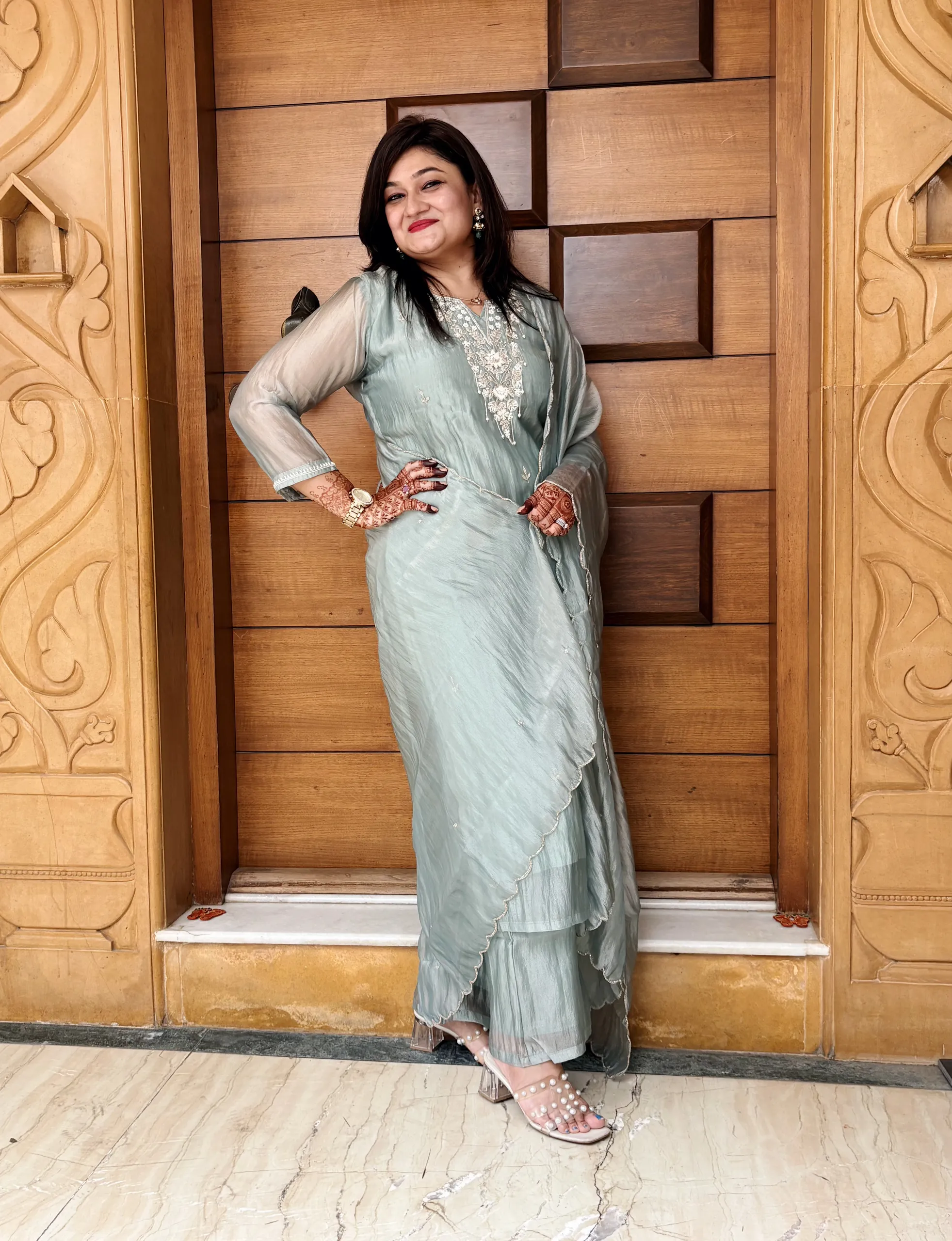 Sage Blue A-line Crush Tissue Festive Dress, photo 4