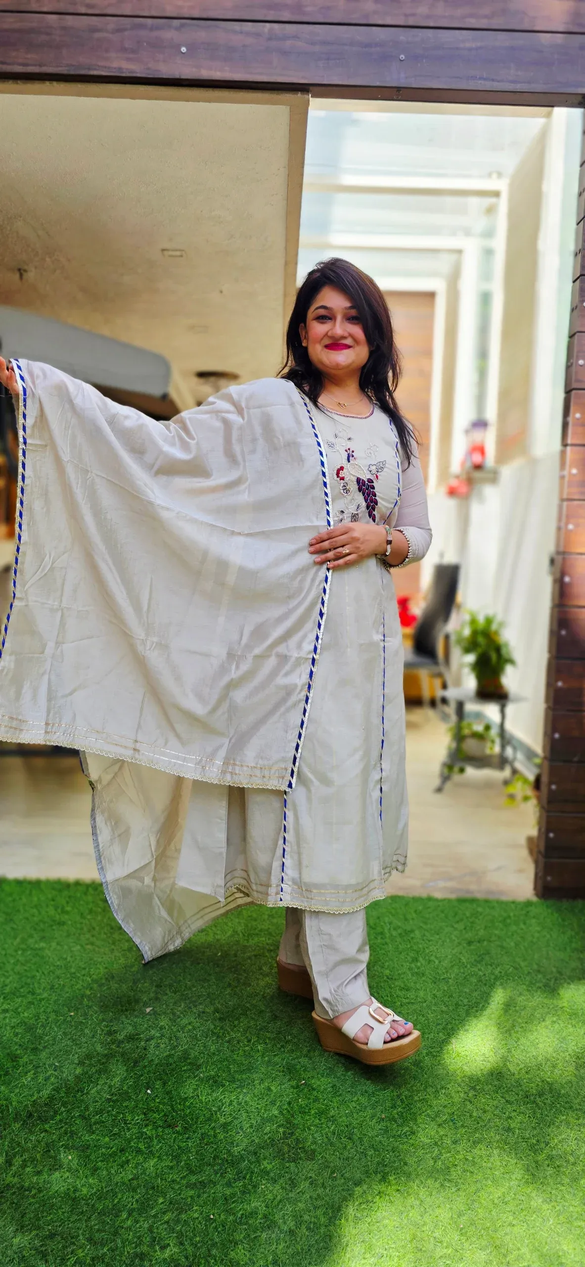 Off-white Festive A-line Dress with Peacocks and Blue Leheriya Border, photo 2