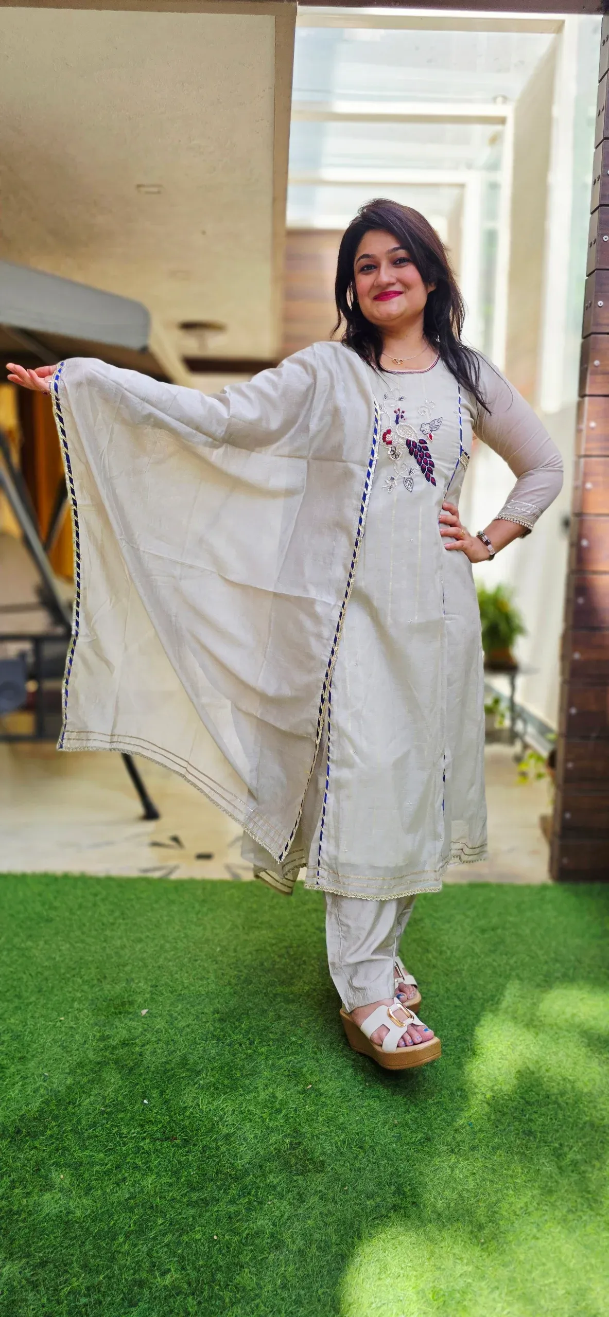 Off-white Festive A-line Dress with Peacocks and Blue Leheriya Border, photo 4