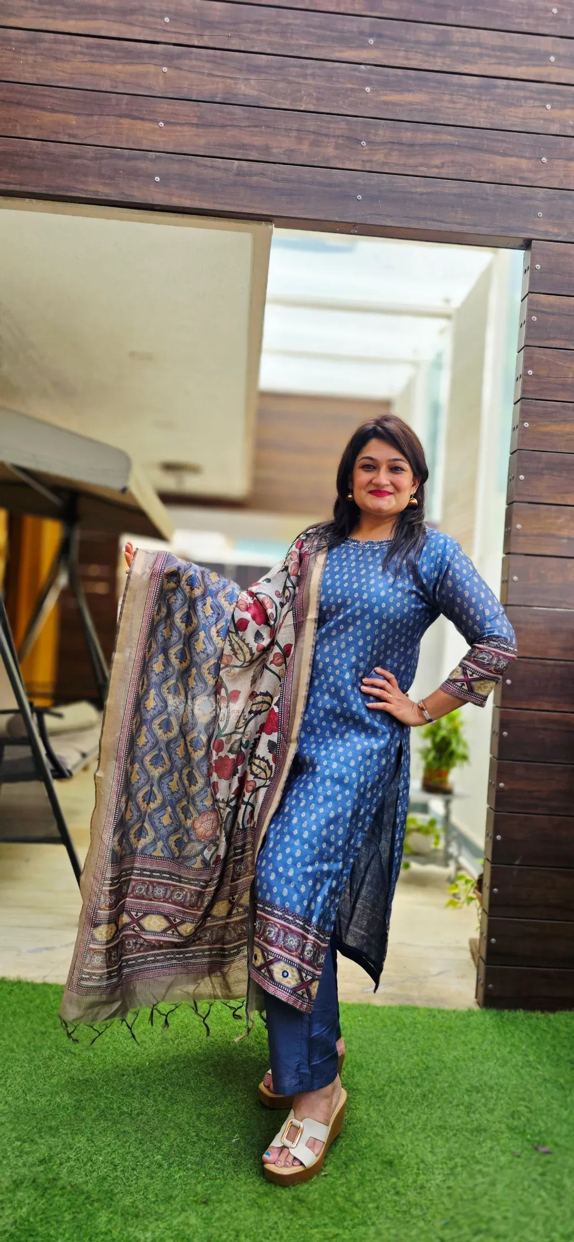 Blue Cotton Casual Dress with Kalamkari Dupatta, photo 4