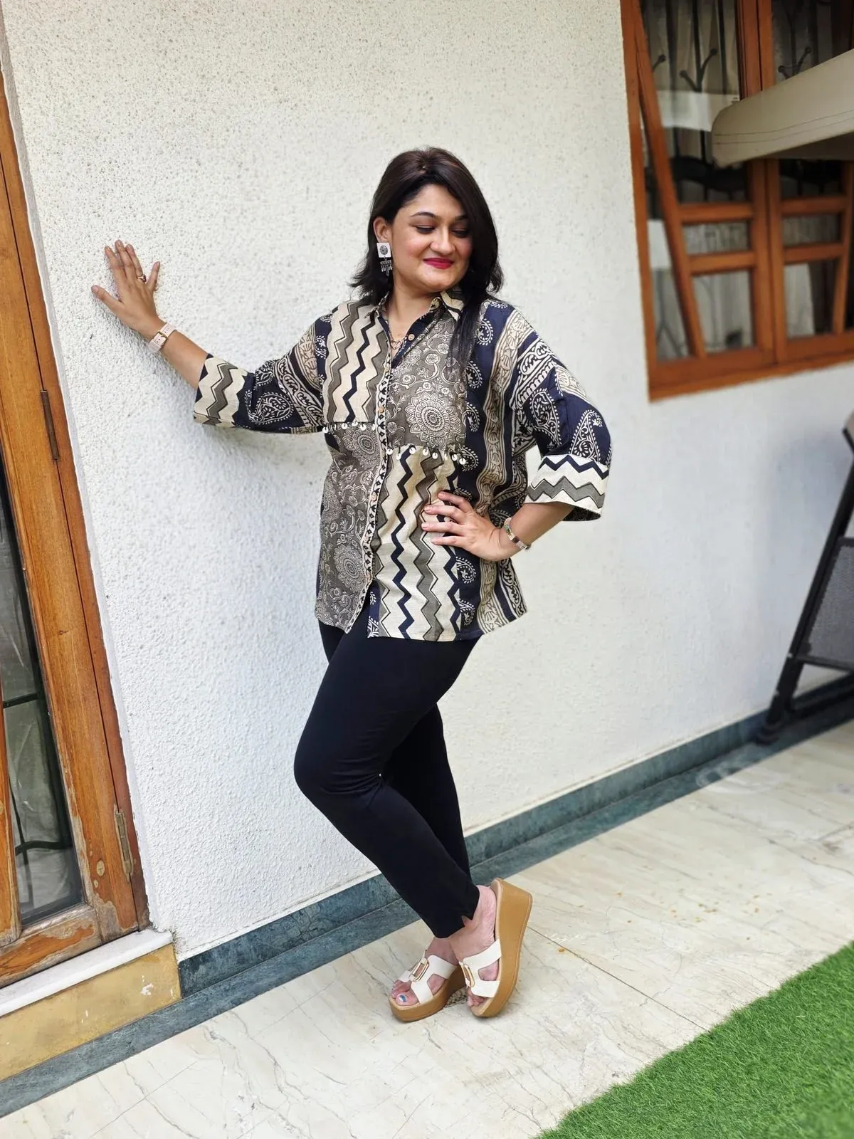 Black & Beige Printed Cotton Shirt