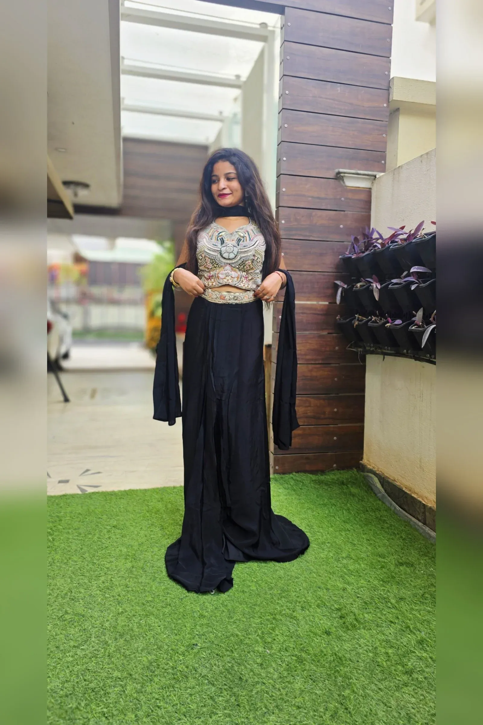 Black Skirt Set with Embroidered Crop Top