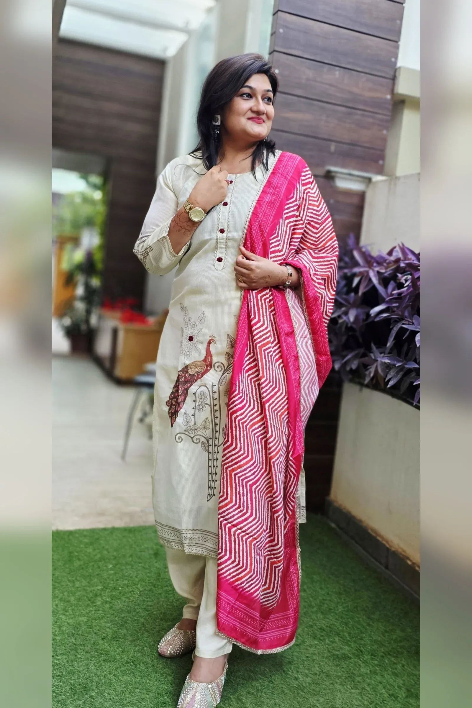 Beige Festive Dress with Peacock Detailing and Leheriya Pink Dupatta