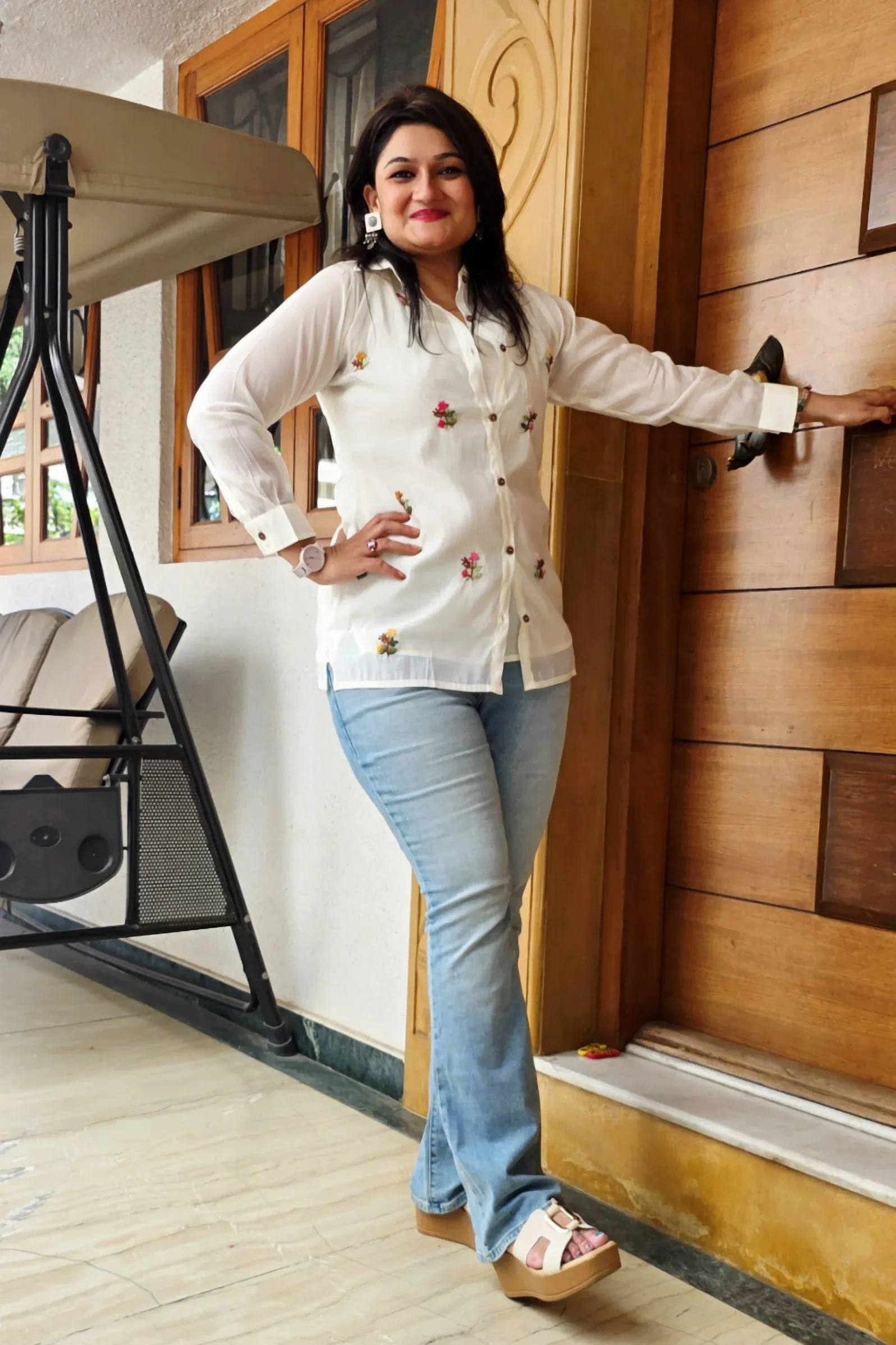 Cream Embroidered Cotton Shirt