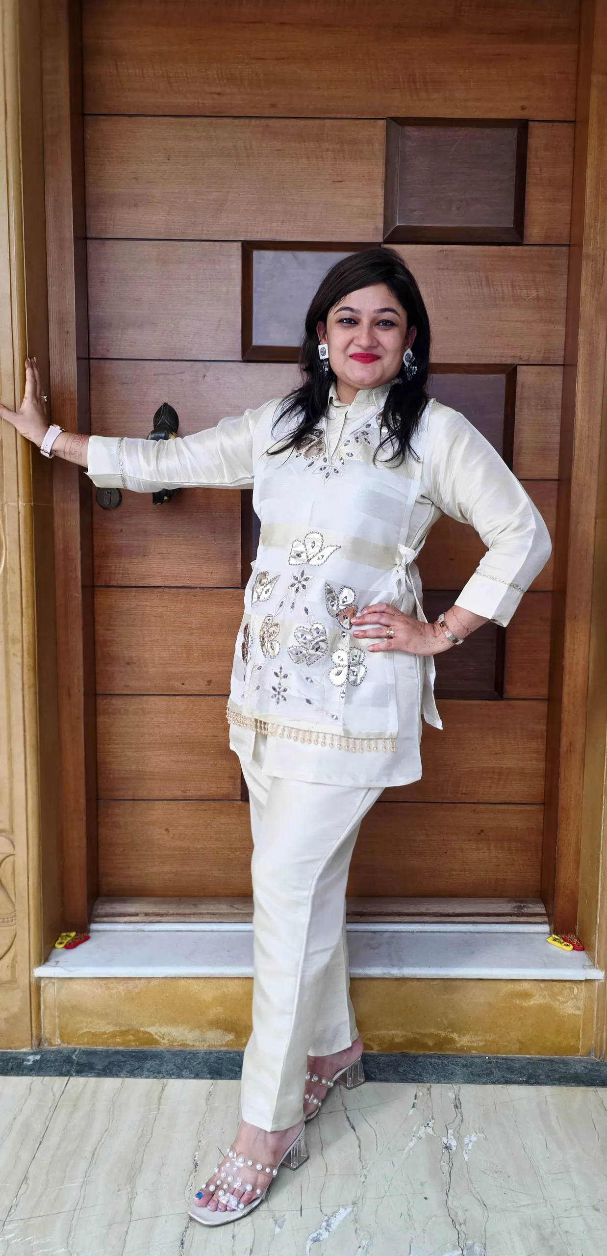 Cream Indo-fusion Dress with Leather Work