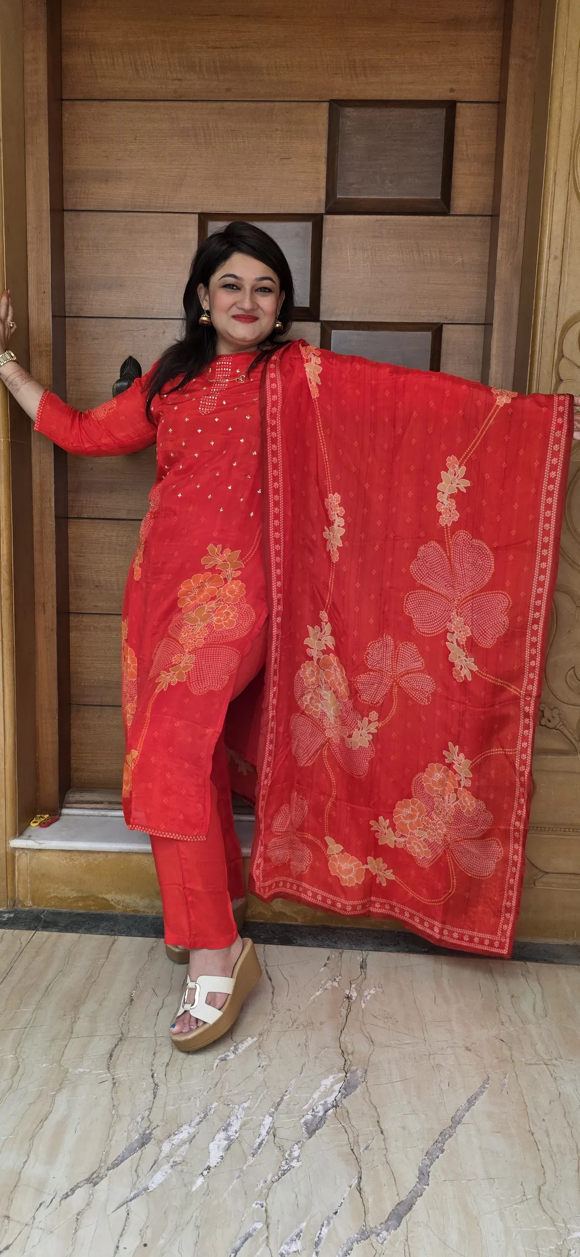 Red Festive Pure Crepe Dress with Bandhej Prints & Handwork
