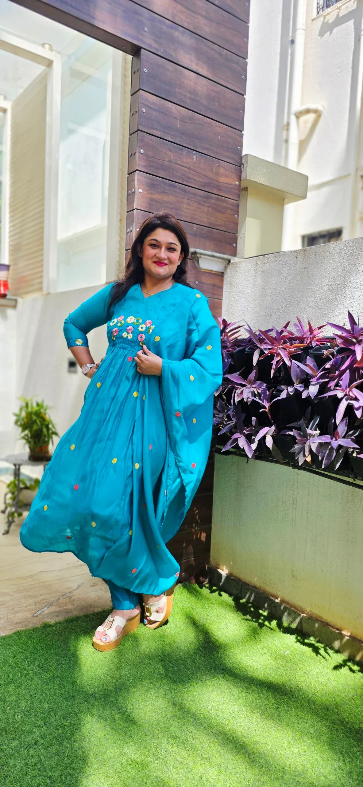 Blue A-line Floral Embroidered Dress, photo 3