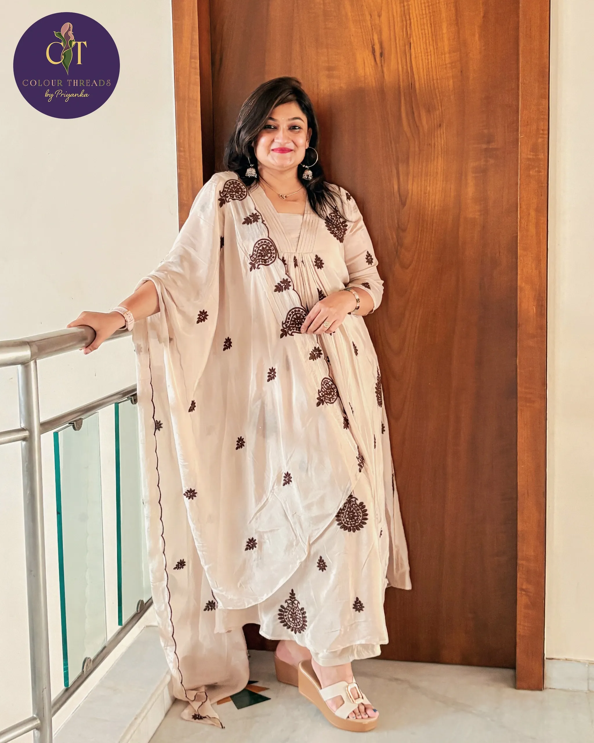 Beige Embroidered Festive Wear Dress