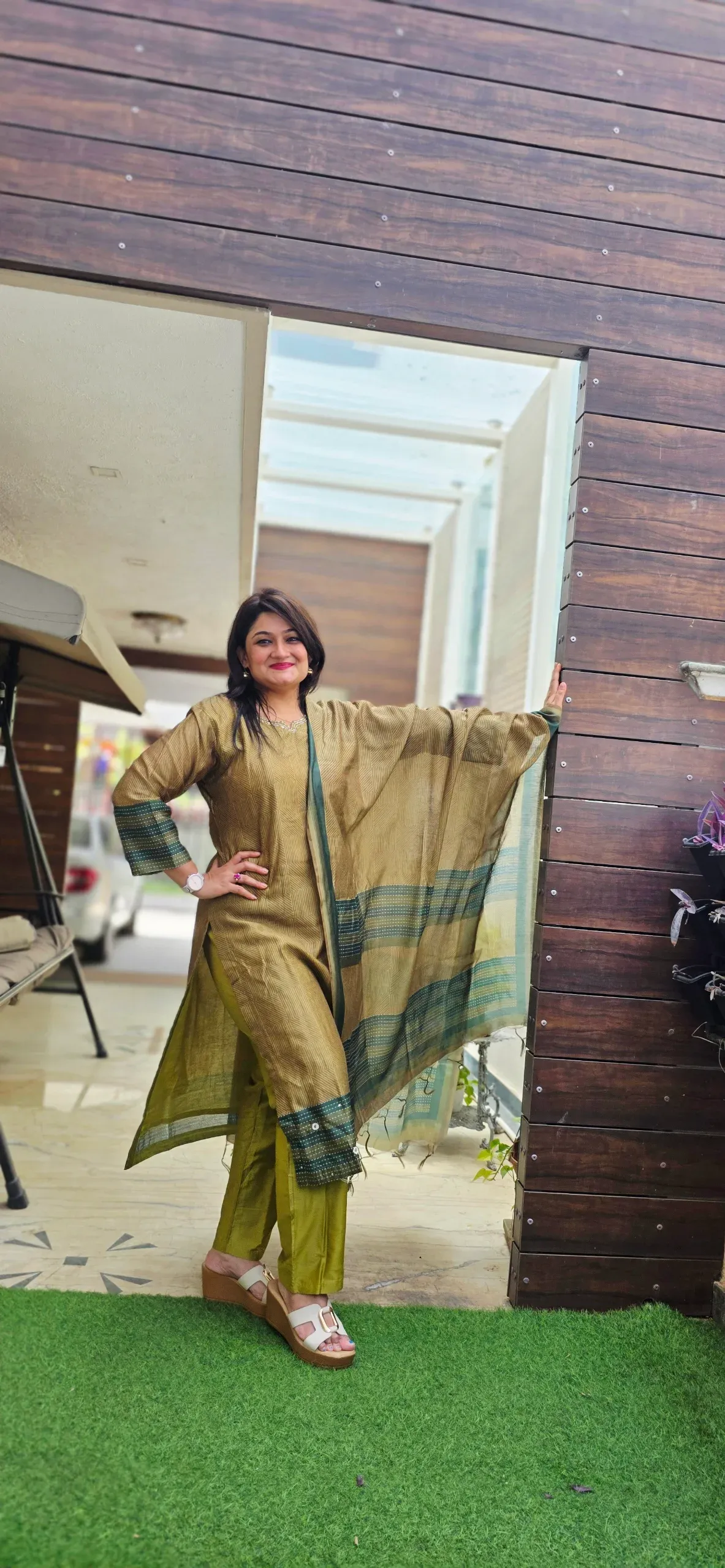Mehendi Green Casual Dress with Kalamkari Dupatta, photo 3