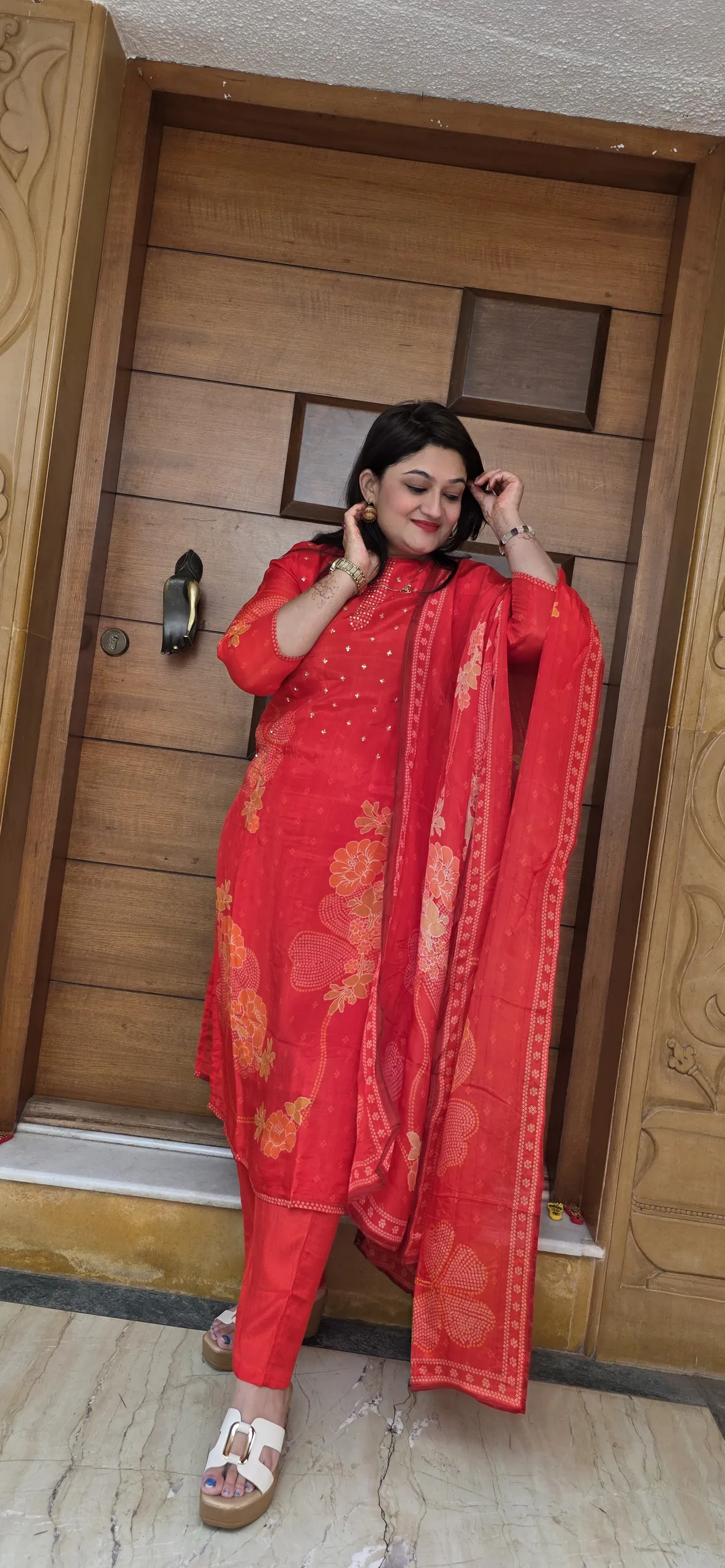Red Festive Pure Crepe Dress with Bandhej Prints & Handwork, photo 2