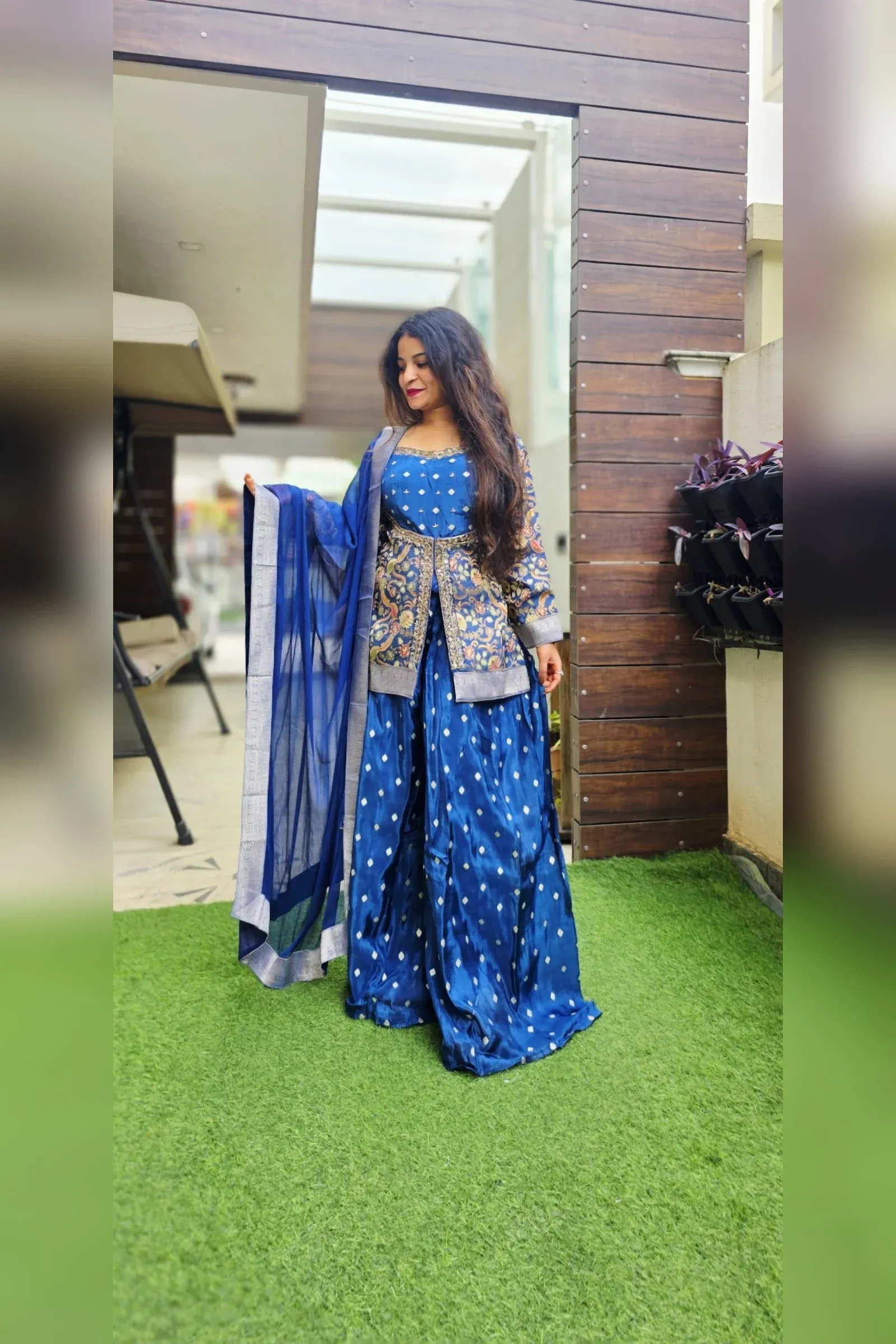 Blue Printed Sharara Set with Embroidered Jacket