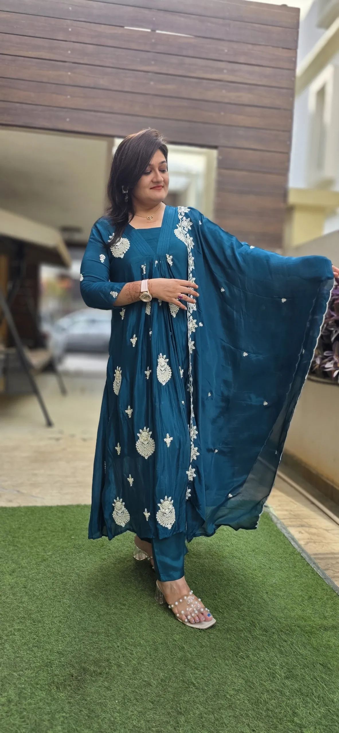 Blue A-line Pearl Work Festive Dress
