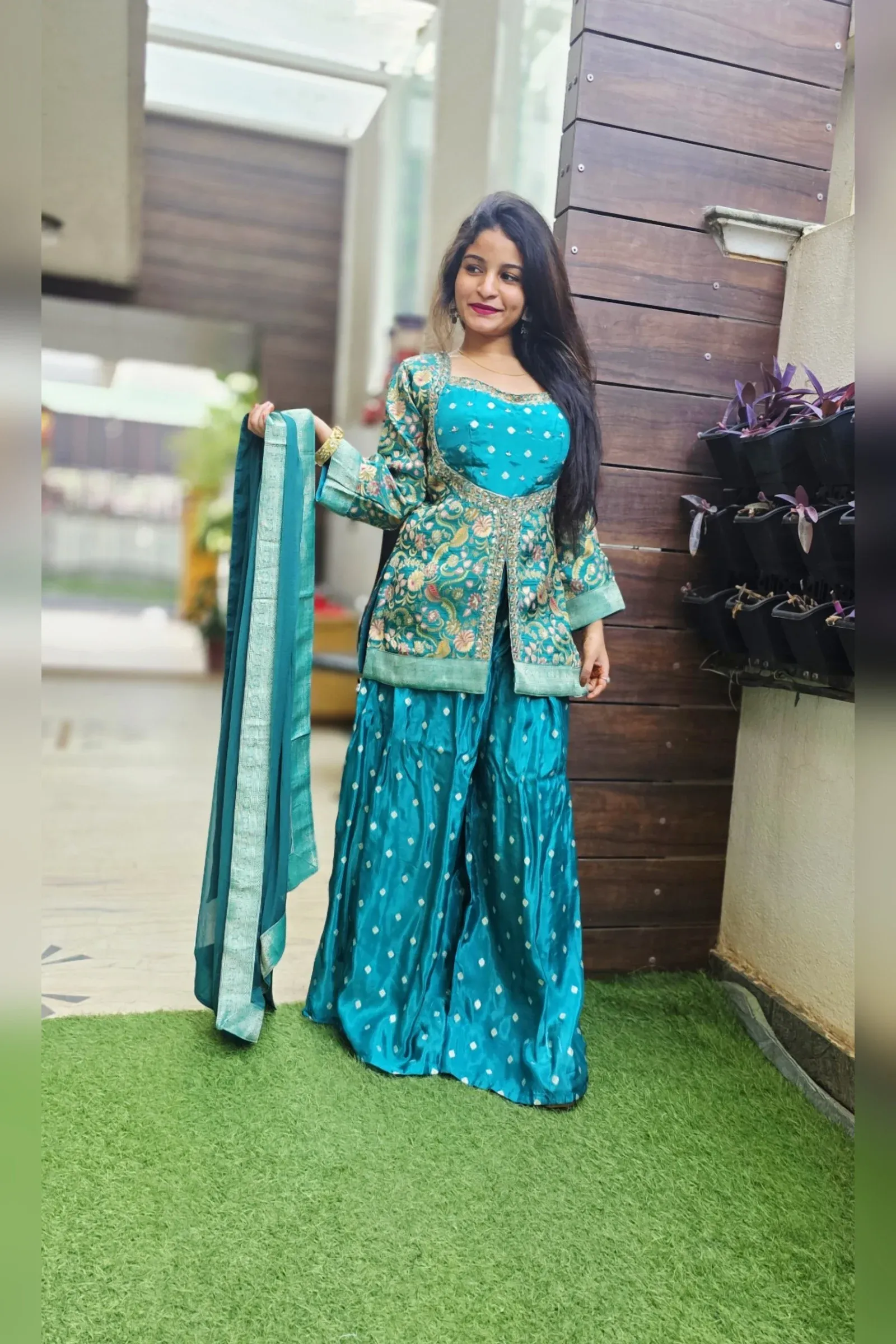 Rama Green Sharara Set with Embroidered Jacket, photo 3