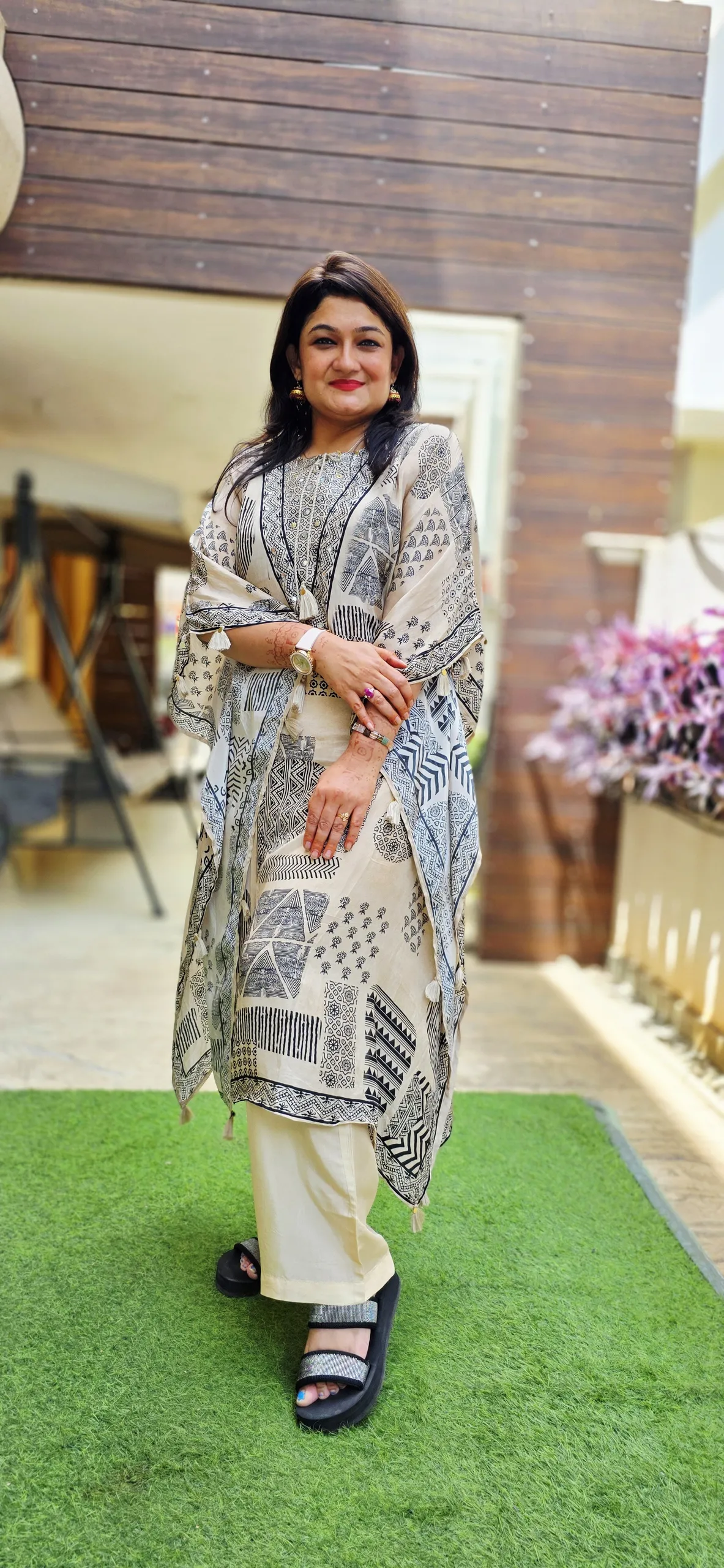 Beige Printed Pure Crepe Kaftan Dress, photo 4