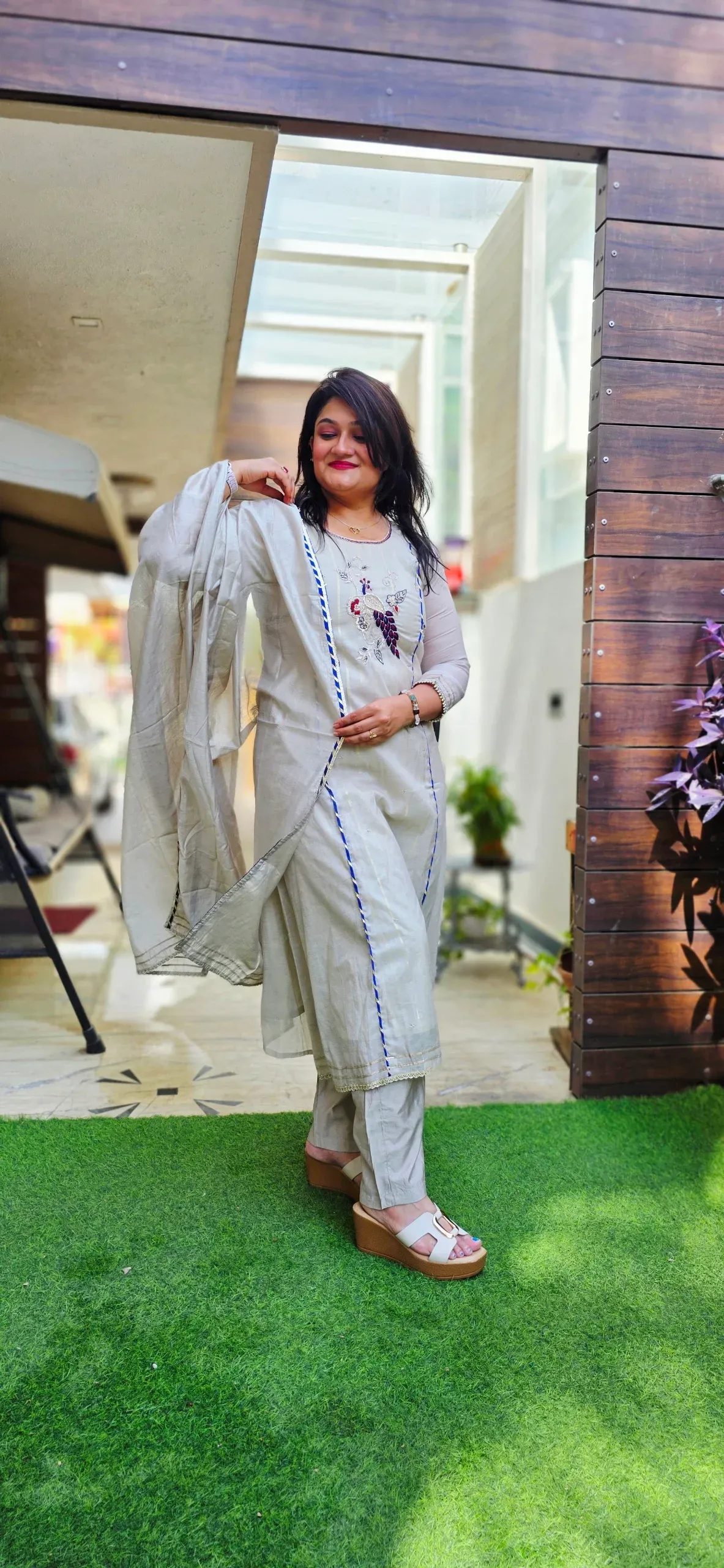 Off-white Festive A-line Dress with Peacocks and Blue Leheriya Border