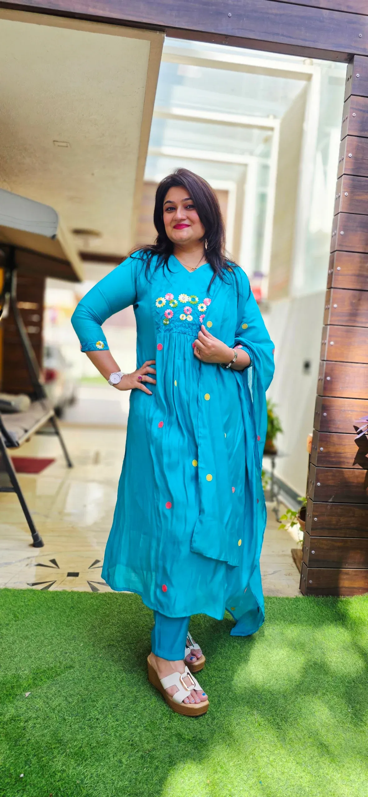 Blue A-line Floral Embroidered Dress, photo 5