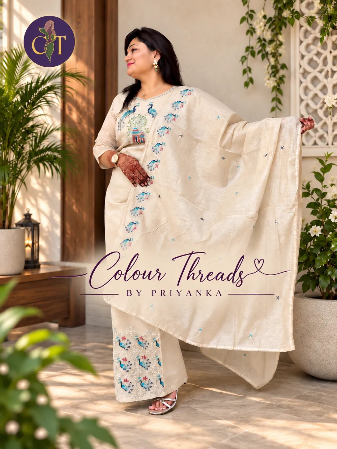 Beige Festive Dress with Peacock