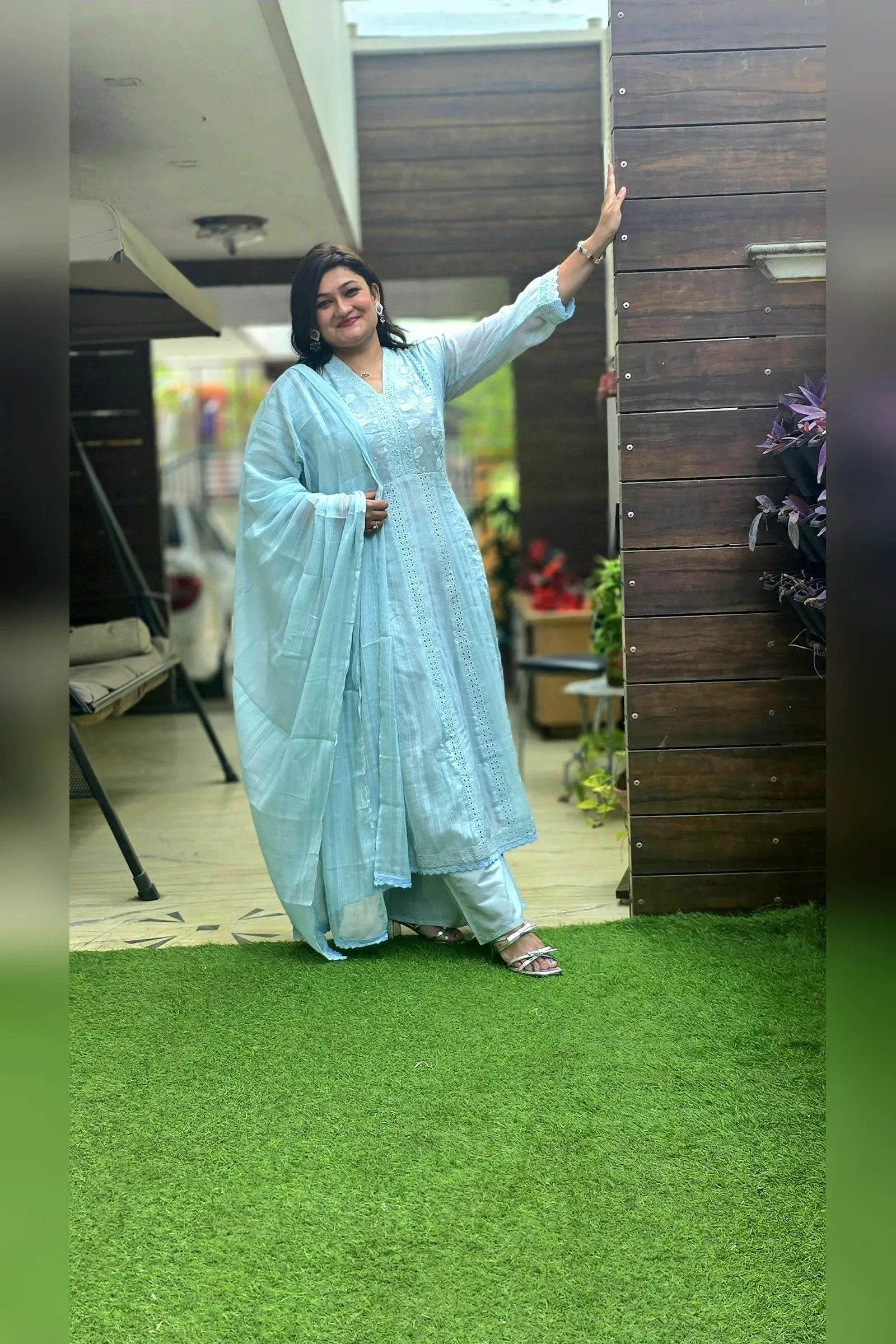 Sky Blue A-line Dress with Dupatta