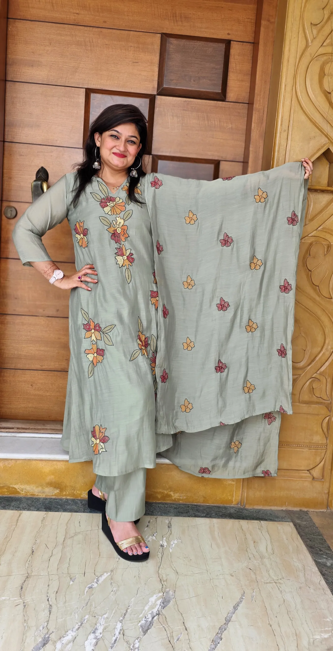 Grey Hand Embroidered Mul Chanderi Dress