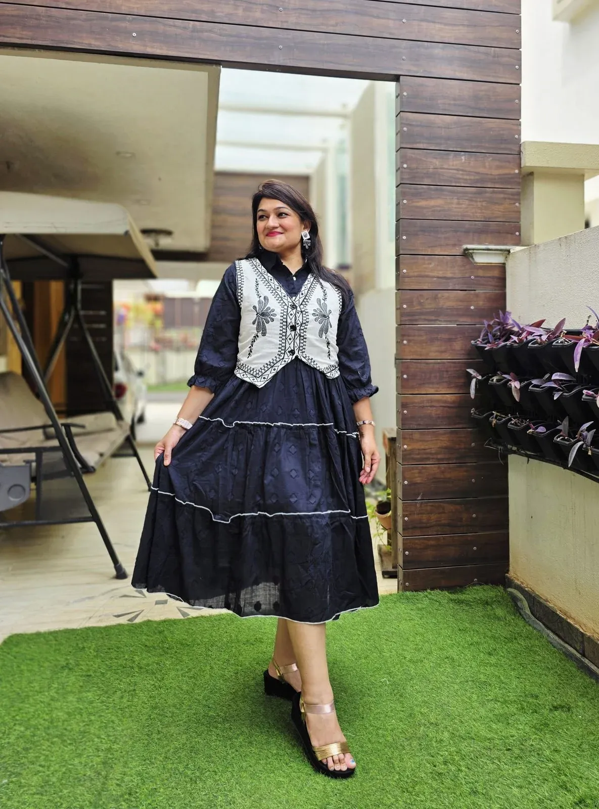 Navy Cotton Dress with Embroidered Jacket