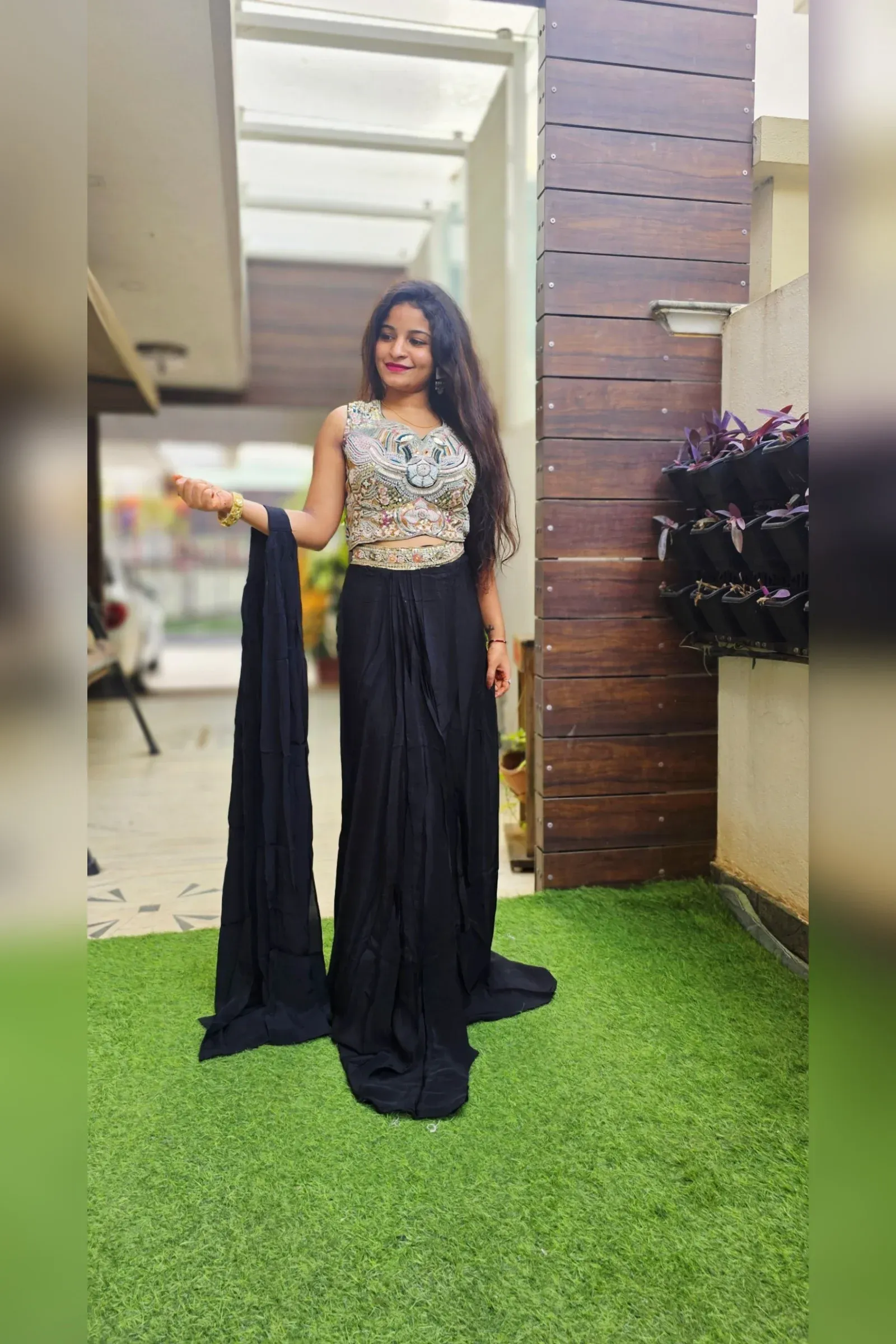 Black Skirt Set with Embroidered Crop Top, photo 3